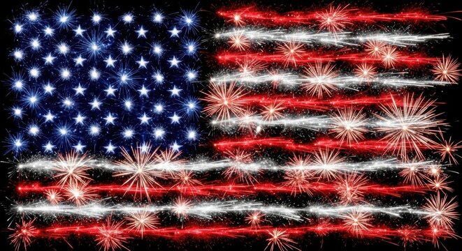 American Flag Composed of Vivid Fireworks. Horizontal Firework Flag Digital Art. Celebratory US Flag Firework Design.