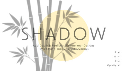 Minimalist vector art of soft bamboo shadows against pale yellow sun circle with centered word shadow and subtle grey overlay typography in calm zen horizontal layout