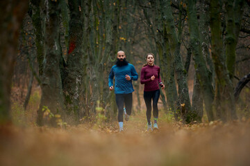 Fototapeta premium Couple running between tall forest trees on leaf-covered autumn pathway. Concept of lifestyle visuals, social posts on active habits, editorial health content and fall fitness.