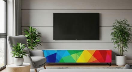 Modern living room with a vibrant rainbow geometric pattern cabinet and a large television screen