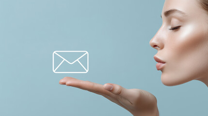 The profile of a girl with her eyes closed, in a kiss. A white envelope icon on a blue background. The concept of electronic marketing and messages. A woman blows on an envelope while sending a letter