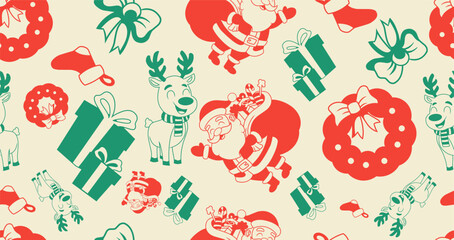 Seamless Christmas pattern background with Santa, gifts, ribbons, and wreaths in a stylish line pattern.