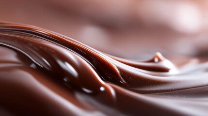 Close-up of flowing chocolate with smooth, shiny texture under soft lighting, against plain background emphasizing color and shape