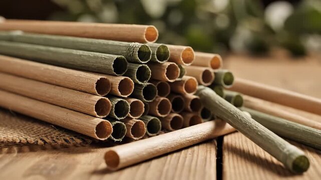 Eco-Friendly Beige and Green Straws - This close-up shot shows a bundle of biodegradable straws in varying beige and green tones, stacked on a textured wooden surface.