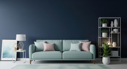 Modern living room with teal sofa and elegant shelving unit teal sofa interior design ideas