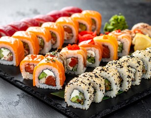 Assortment of colorful sushi rolls elegantly displayed on a dark slate plate, appetizing and neatly arranged