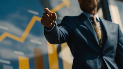 A business coach walking a team through motivational slide visuals projected on a wall, colorful infographics emphasizing growth strategies — leadership training, corporate education, and