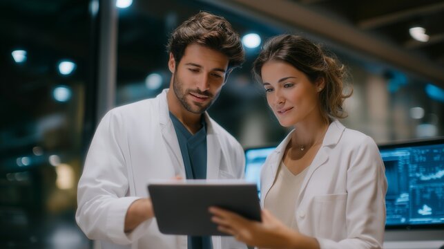 A doctor explaining detailed ultrasound results on a digital tablet, pointing to growth charts and development markers while the expectant parent listens attentively — modern prenatal diagnostics,