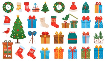 Assortment of festive holiday decorations, including gifts, trees, stockings, and wreaths on white