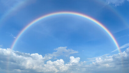 A vibrant rainbow arching across a clear blue sky, framed by fluffy white clouds on a sunny day.