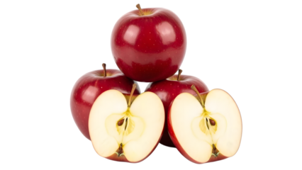 Stack of red apples with two halved apples on a black background