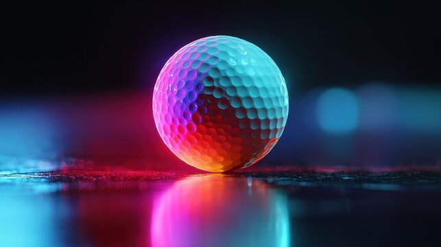 Vibrant golf ball illuminated with neon lights reflecting on a wet surface