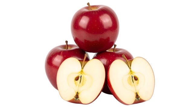 Stack of red apples with two halved apples on a black background - Powered by Adobe