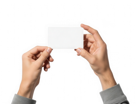 Hands holding blank card mockup isolated for branding message in png transparent background presentation