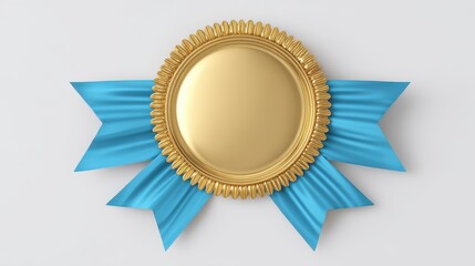 Golden award medal with blue ribbon, success symbol, isolated on white background