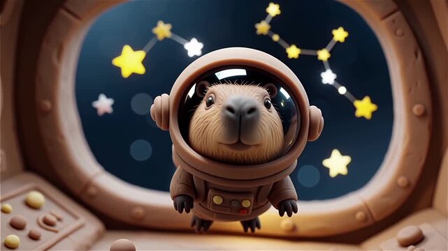 Adorable capybara astronaut floating in space in a clay animation style.
With motion blur and bokeh background.