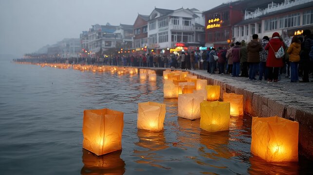 A traditional Kongming lantern release ceremony at a riverside