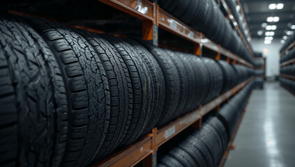 A close up shot of car tires stacked neatly in a warehouse, representing tire storage and automotive industry.