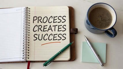 Open notebook with writing near coffee mug and pens