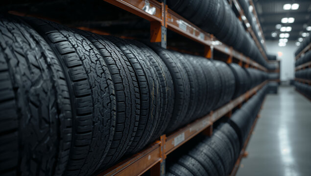 A close up shot of car tires stacked neatly in a warehouse, representing tire storage and automotive industry.