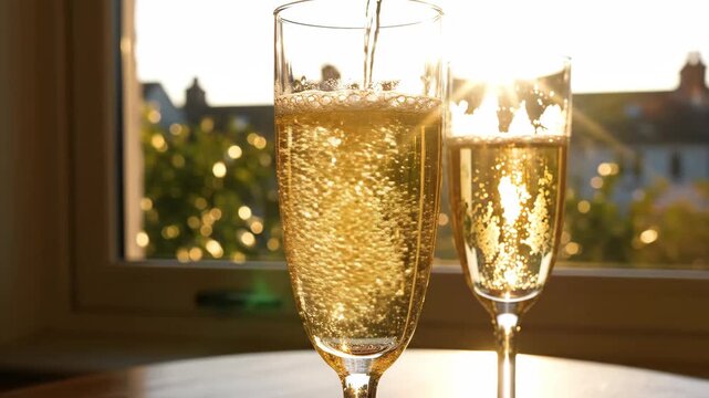 Champagne Bubbles in Morning Sunlight - Two champagne flutes are being filled, with visible bubbles, in a bright morning sunlight setting. A window is in the background, adding to the warm atmosphere.