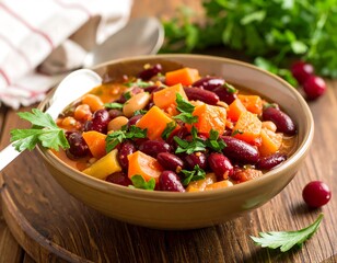 Bowl of bean stew with cubed squash, parsley garnish on wood board, linen with spoon in background
