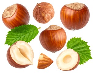 Assortment of hazelnuts, some whole, some halved, and a few leaves, all arranged against a stark white background