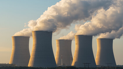 Nuclear power plant with smoke rising from cooling towers, symbolizing industrial energy production.