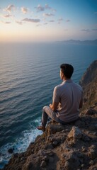 Hombre descansando en el borde del acantilado con vistas al vasto horizonte del oc&eacute;ano