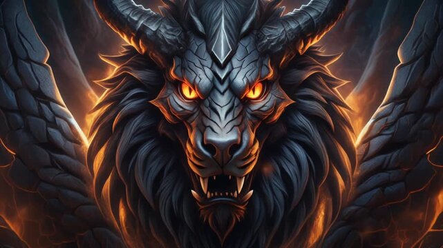 Fierce Dragon Head with Fiery Eyes and Majestic Wings Embodying Mythical Power