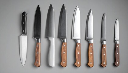 Assortment of kitchen knives with varied handles and blade shapes arranged on a gray surface