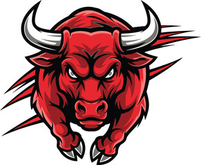 Fototapeta premium Powerful red raging bull mascot charging with angry expression and sharp horns for sports team logo and emblem.