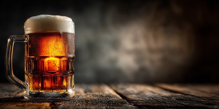 Refreshing glass of beer on a rustic wooden table, with frothy top and warm glow, ideal for a cozy evening gathering