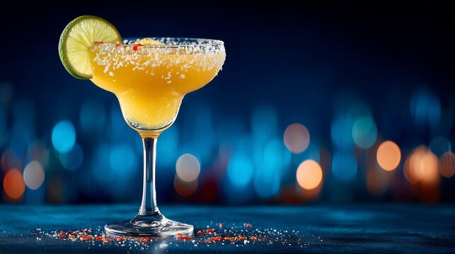 Refreshing margarita served in a glass with salt rim and lime garnish at a lively bar setting