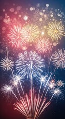 Naklejka premium Abstract Colorful Fireworks Digital Illustration. Festive Bokeh Lights And Sparkles Background. Vibrant Celebration Fireworks Art Display.