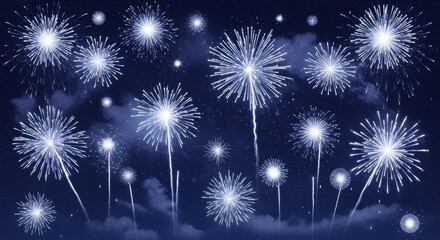 Detailed White Fireworks In Night Sky. Blue And White Pyrotechnic Display. Festive Starbursts And Clouds Art.