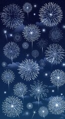 Detailed White Fireworks In Night Sky. Blue And White Pyrotechnic Display. Festive Starbursts And Clouds Art.