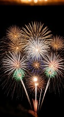 Fototapeta premium Golden Fireworks Cascading Night Sky. Vibrant Orange Pyrotechnic Explosion. Dynamic Celebration Light Display.