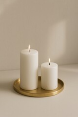 Elegant candles on golden tray.