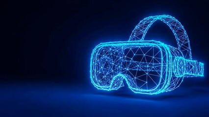 Virtual reality headset in glowing blue wireframe design representing advanced futuristic technology for immersive digital experiences and the metaverse concept.