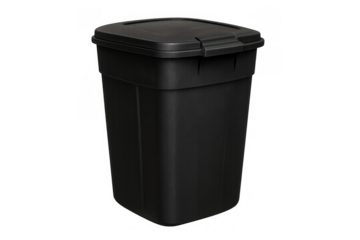 Black plastic rubbish can with a closed lid, representing refuse disposal, waste management, household trash, and environmental responsibility