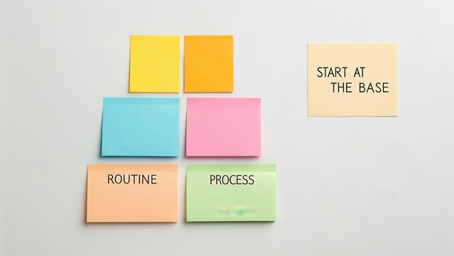 Sticky notes in pyramid arrangement demonstrating business process