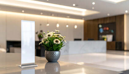 Modern hotel lobby reception desk with flowers and display stand interior