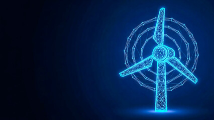 A glowing blue digital wind turbine, composed of interconnected lines, symbolizes clean energy, sustainability, and technological innovation. Future power focus.