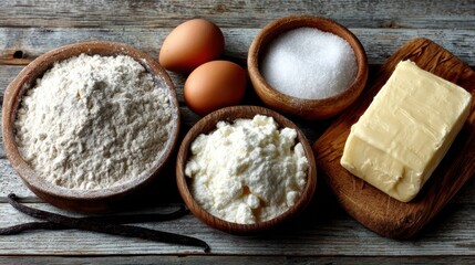 Fototapeta premium Flat lay of baking ingredients - flour, sugar, eggs, butter, vanilla pod on light wood background