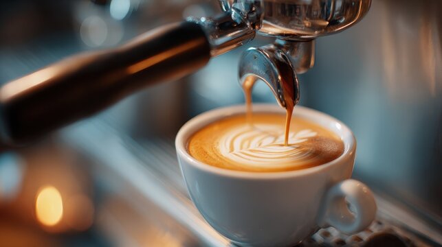 Fresh espresso shot pouring into a white cup, creating beautiful latte art - Powered by Adobe