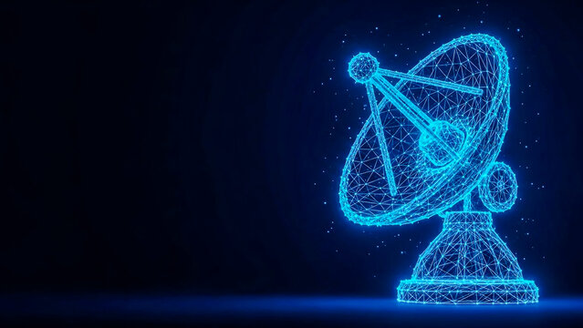 An abstract, glowing blue wireframe satellite dish illustrating global communication, data transfer, and advanced network technology. Ideal for future-focused digital concepts.