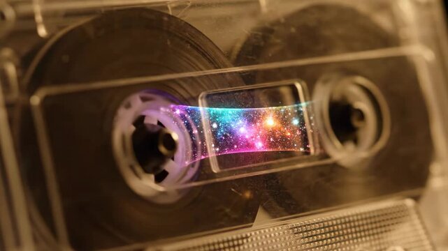 Cosmic tape cassette with galaxy stream &mdash; retro futuristic concept.
With motion blur and bokeh background.