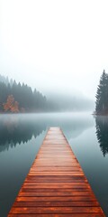 Fototapeta premium Serene and Mystical Lake with Foggy Landscape, Wooden Dock Leading into Tranquil Waterscape