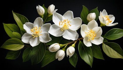 Obraz premium A Cluster Of White Jasmine Flowers With Yellow Centers Surrounded By Green Leaves On Black Background